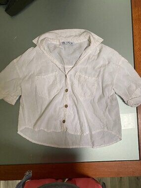 Zara White Puff Sleeve Pleated Button Front Blouse